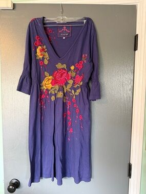 Johnny Was Blue Midi Dress with Pink & Yellow Floral Embroidery